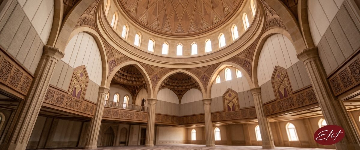 Elit Acoustic cami ve ibadethane akustiği: kubbe çınlamasını azaltan akustik panel uygulaması