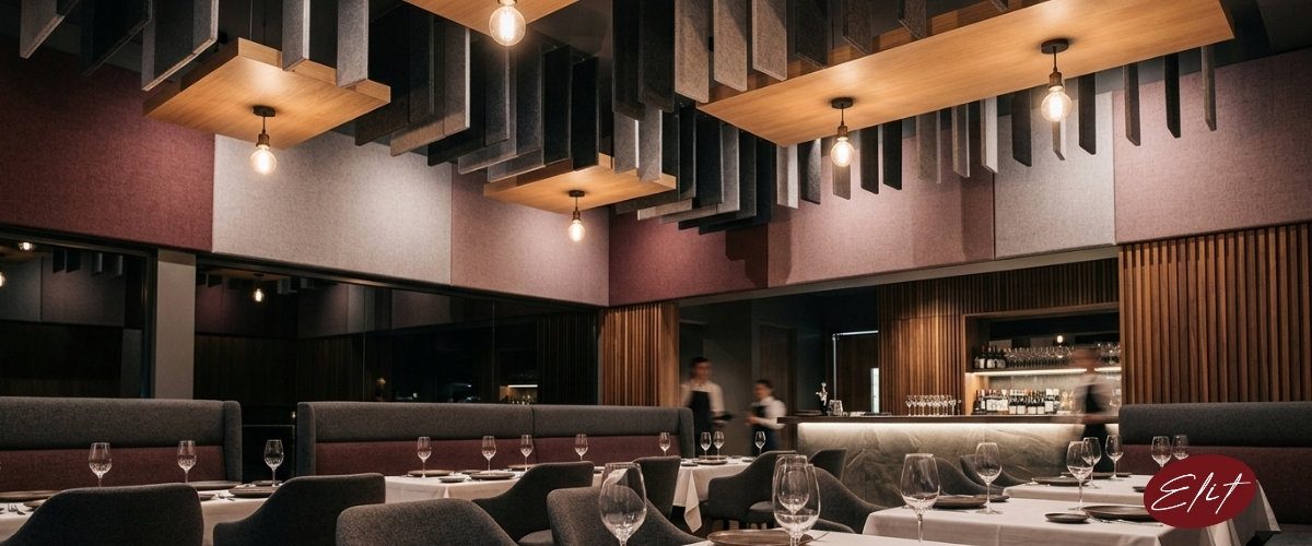 Elit Acoustic restoran ve kafe akustiği: tavan baffle, kanopi ve kumaş kaplı duvar paneli çözümleri