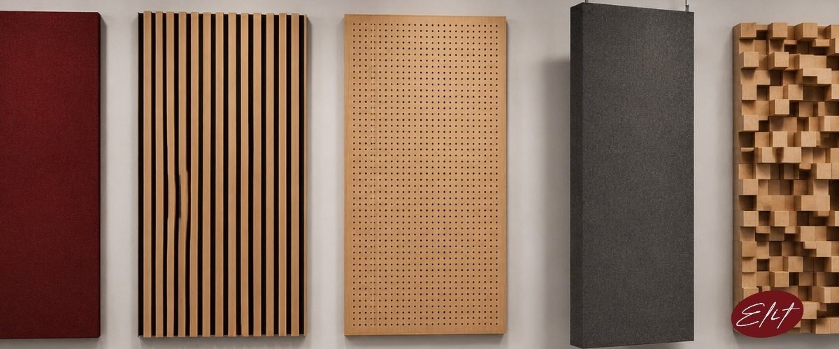 Kumaş kaplı, ahşap delikli ve baffle akustik panel çeşitleri bir arada
