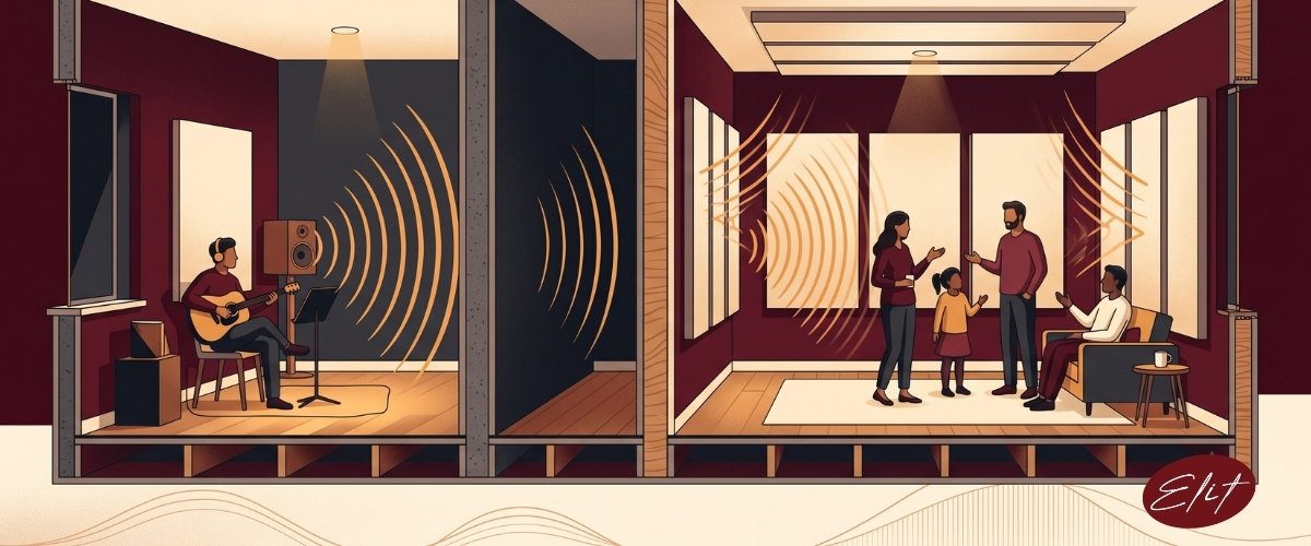 Akustik performans değerlerini gösteren ölçüm cihazı ve teknik veri tablosu