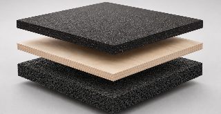 Ağırlık düşürme platformu katman kesiti: elastomer taban, dağıtıcı plaka ve kauçuk yüzey