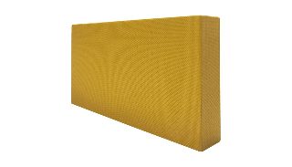 Hardal sarısı ince dokuma kumaş kaplı akustik panel, açılı stüdyo görünümü