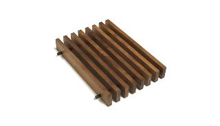 Ceviz tonlu ahşap akustik linear tavan lamel modülünün perspektif görünümü