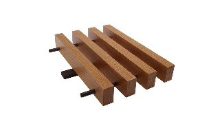 Naturel meşe tonlu geniş kesitli akustik linear tavan lamelleri, siyah taşıyıcı raylı montaj
