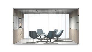 Bağımsız ofis bölümü bej ve ahşap görünümlü panelli geniş kabin, mavi kumaş lounge koltukları ve ekranlı duvarıyla