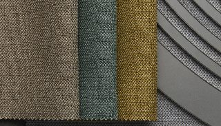 Camira RePlay Zero geri dönüştürülmüş polyester kumaşının taupe, petrol yeşili, hardal ve gri tonlarda sepet dokulu örtüşen boyları