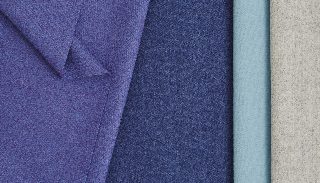 Camira Synergy 170 yün kumaşının mor, lacivert, açık mavi ve bej tonlarında renk detayı