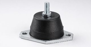 Elastomer gövdeli makine titreşim takozu, metal taban plakası ve cıvatası ile üç çeyrek açıdan stüdyo çekimi