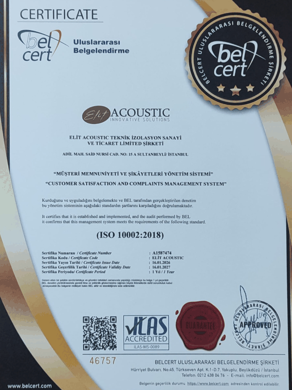 Elit Acoustic ISO 10002 Müşteri Memnuniyeti Yönetim Sistemi Sertifikası