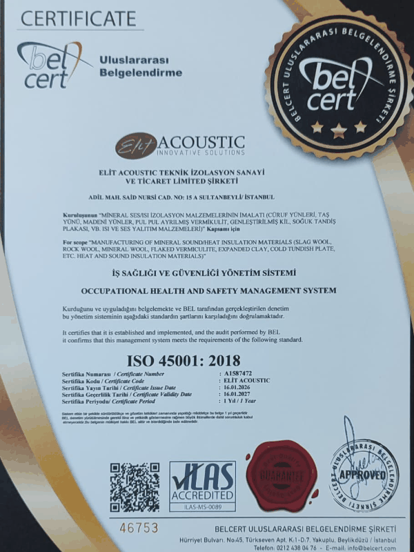 Elit Acoustic ISO 45001 İş Sağlığı ve Güvenliği Yönetim Sistemi Sertifikası