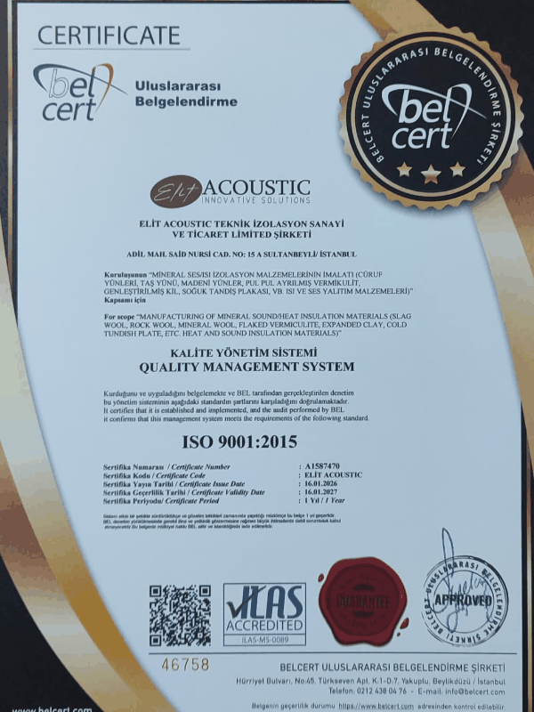 Elit Acoustic ISO 9001 Kalite Yönetim Sistemi Sertifikası