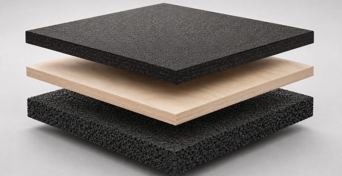 Ağırlık düşürme platformu katman kesiti: elastomer taban, dağıtıcı plaka ve kauçuk yüzey