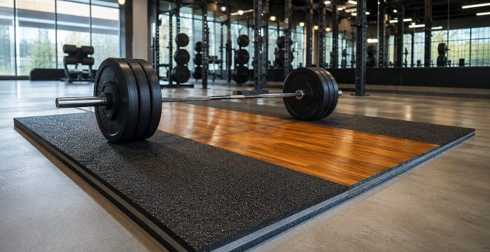 Spor salonunda ağırlık düşürme platformu üzerinde halter barı ve ağırlık plakaları