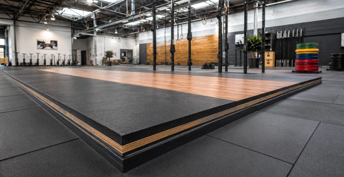 Modern crossfit salonu zemininde ağırlık düşürme platformu, katmanlı darbe yüzeyi