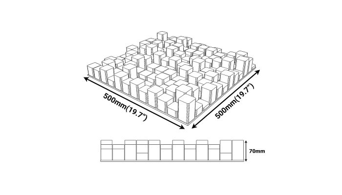 70 mm blok yüksekliğine sahip 500x500 mm akustik difüzör panelin teknik çizimi