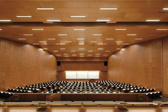 Ders amfisinde tavan ve yan duvarlarda mikro delikli ahşap akustik panel uygulaması