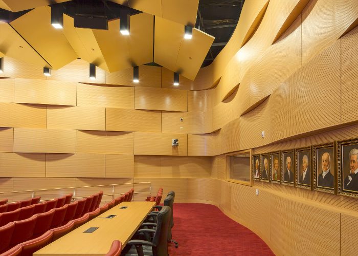 Kurul salonunda dalgalı üç boyutlu formda açık meşe tonlu akustik ahşap duvar paneli