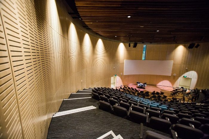 Konser salonunda eğrisel duvarı kaplayan açık huş tonlu oyuk delikli ahşap akustik panel