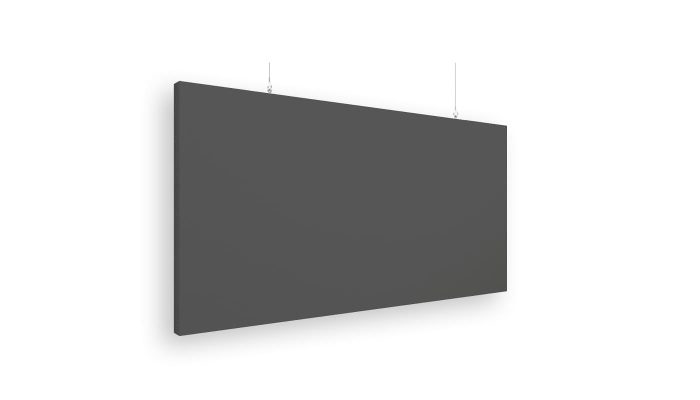 Antrasit gri kumaş kaplı asılı dikdörtgen akustik baffle panel yakın görsel