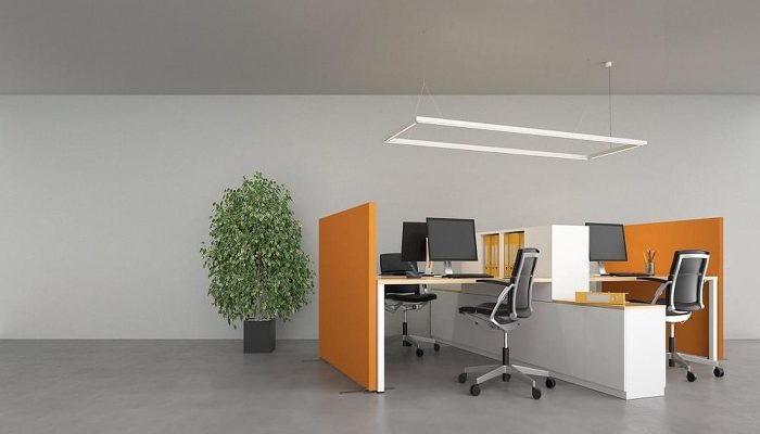 Turuncu akustik bölücü paravanla ayrılmış iki kişilik ofis çalışma istasyonu ve saksı bitkisi
