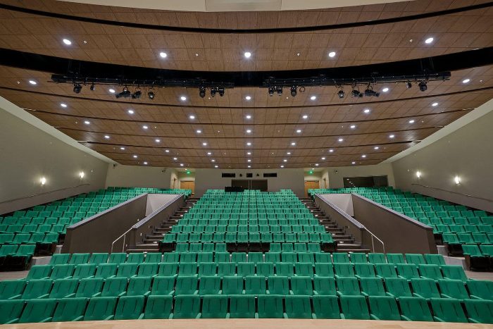 Oditoryum tavanında ahşap derzli akustik panel, yeşil koltuklu geniş salon ve spot aydınlatma