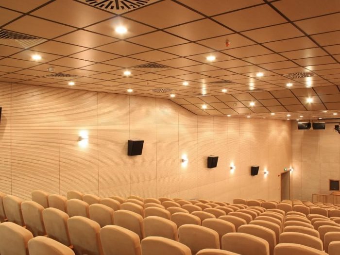 Konferans salonunda krem yatay çizgili derzli akustik duvar panelleri ve kaset ahşap tavan