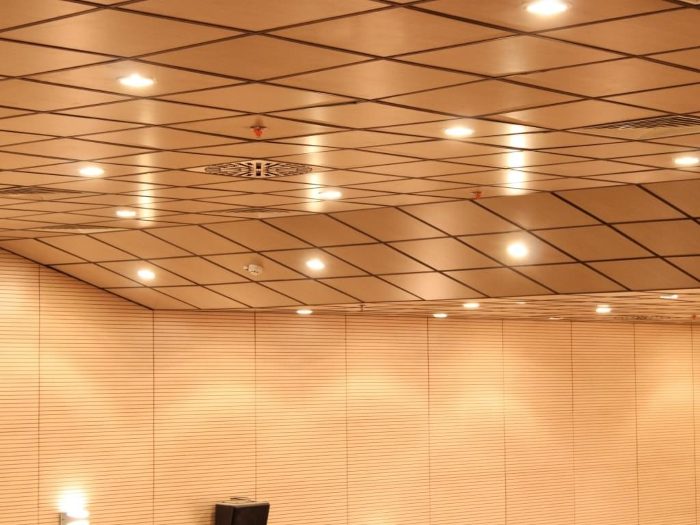 Salon duvarında krem yatay ince derzli akustik panel ve açık ahşap kaset asma tavan