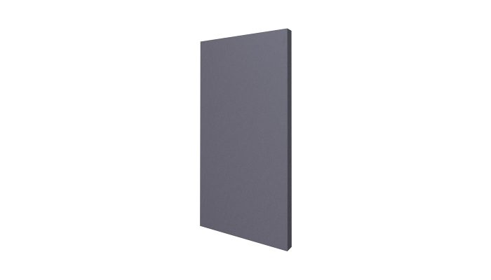Antrasit gri kumaş kaplı düz dik kenarlı ince akustik panel, dikey açılı görünüm