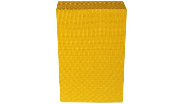 Hardal sarısı dokulu kumaş kaplı kalın akustik panel, dik kenar, önden görünüm