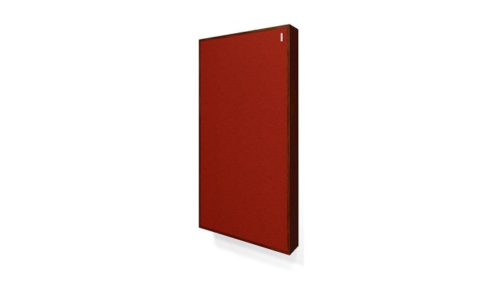Ahşap çerçeveli kırmızı kumaş kaplı akustik panel, yandan perspektif görünüm