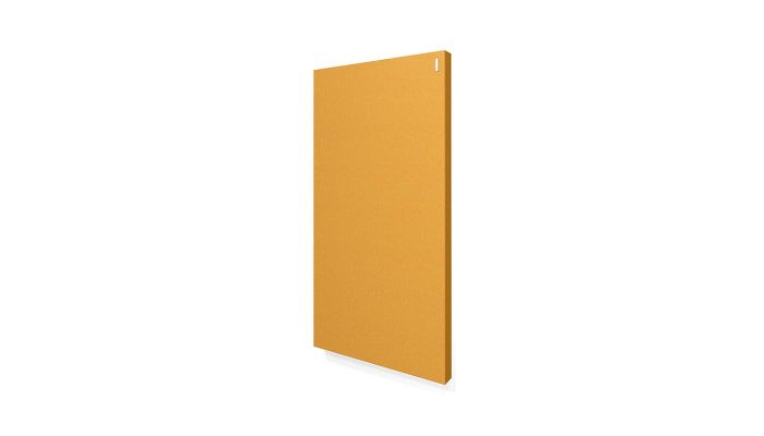 Hardal sarısı kumaş kaplı ince akustik panel, yandan perspektif görünüm