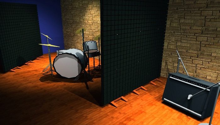 Akustik bölme panelleriyle sınırlanmış davul kayıt alanı