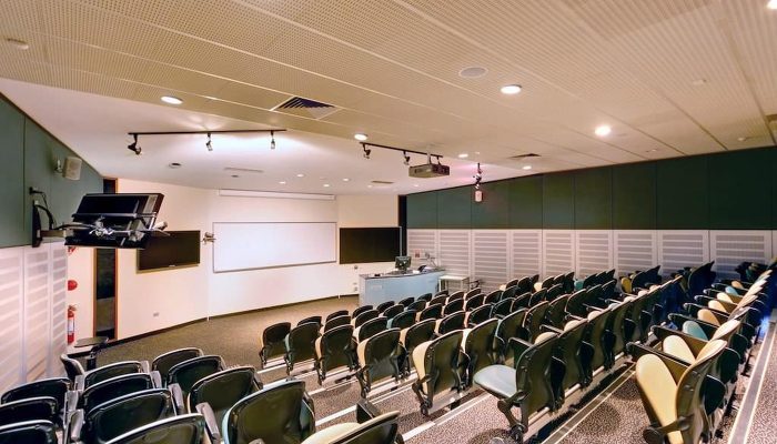 Konferans salonunda beyaz lamel akustik lambri ve yeşil panel ile ses düzenlemesi