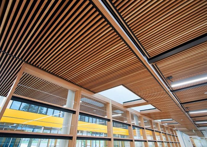 Atrium girişinde çatı ışıklıklı ahşap akustik linear tavan