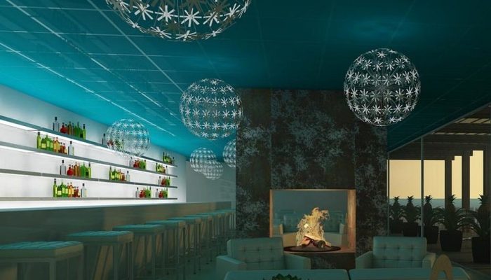 Bar ve lounge tasarımında turkuaz akustik asma tavan konsept görseli