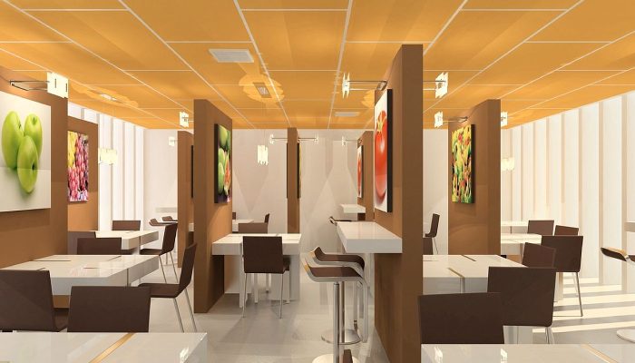 Restoran yemek alanında hardal sarısı akustik asma tavan uygulaması