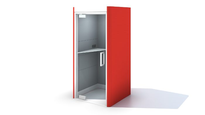 Bağımsız ofis bölümü ELT Kabin 1002 modeli, canlı kırmızı panelli tek kişilik kabinin açık kapılı perspektif görünümü; gri akustik iç mekan ve beyaz çalışma rafı