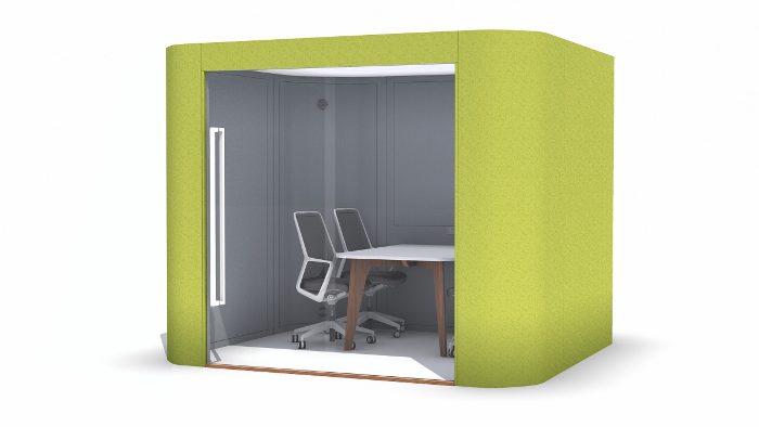 Bağımsız ofis bölümü ELT Kabin 1003 modeli, fıstık yeşili kabinin dikey beyaz kollu cam cephesinden görünen iki koltuklu toplantı masası ve havalandırma menfezi