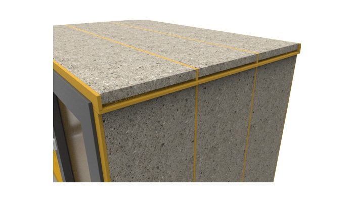 Kabin panelinin sarı sac kabuğu ve bariyerli bondex dolgunun benekli yüzeyi