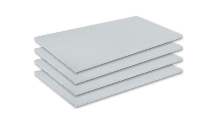 Farklı kalınlıklarda dizilmiş açık gri Basotect panel plakaları