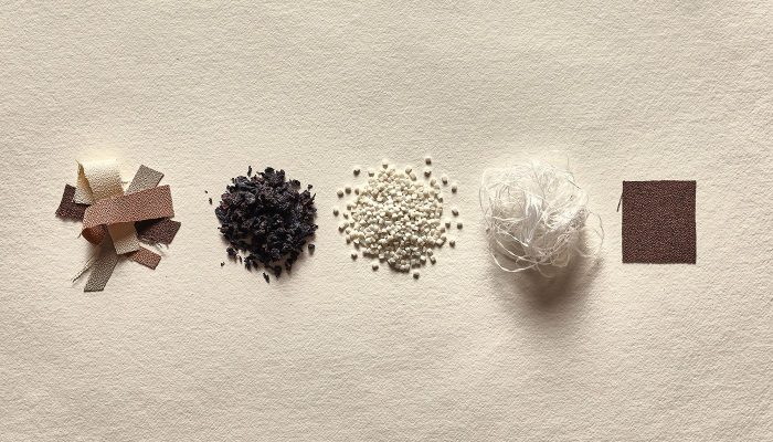 Camira Lucia T2T'nin atıktan kumaşa dönüşüm süreci: kumaş parçaları, geri dönüşüm granülü, elyaf ve kumaş örneği
