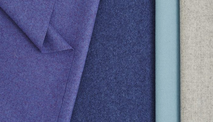 Camira Synergy 170 yün kumaşının mor, lacivert, açık mavi ve bej tonlarında renk detayı