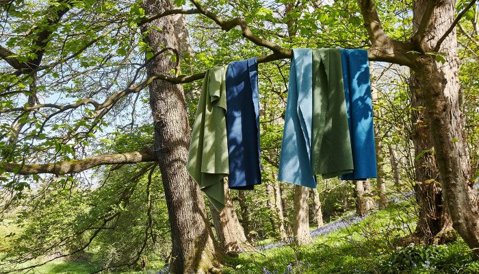Camira Upland kumaşının yeşil, lacivert, petrol ve mavi boyları, güneşli bir ormanda ağaç dalına asılı, zeminde çan çiçekleriyle