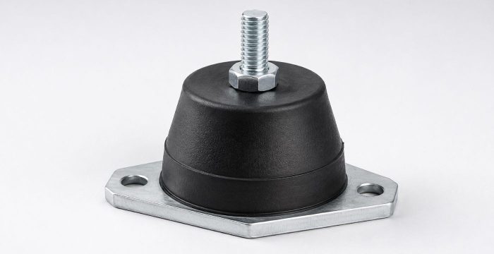 Elastomer gövdeli makine titreşim takozu, metal taban plakası ve cıvatası ile üç çeyrek açıdan stüdyo çekimi