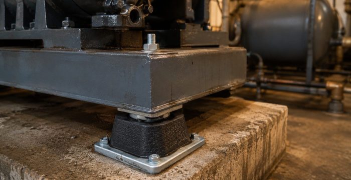 Kompresör kaidesinin köşesinde, kauçuk makine titreşim takozu üzerine oturan çelik ayak