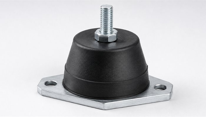 Elastomer gövdeli makine titreşim takozu, metal taban plakası ve cıvatası ile üç çeyrek açıdan stüdyo çekimi