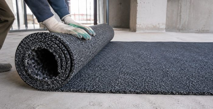 İnşaat zemininde açılan profilli kauçuk şilte rulosu, alt yüzey profili görünüyor