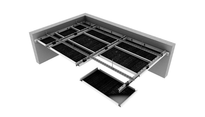 Delikli panel, arkasındaki Soundtex tela ve taşıyıcı karkasın montaj görünümü
