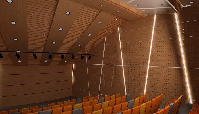 Ahşap akustik panellerle kaplı konferans salonu