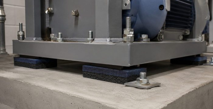 Makine kaidesi altına yerleştirilmiş titreşim yalıtım elastomeri nokta pedleri, endüstriyel montaj